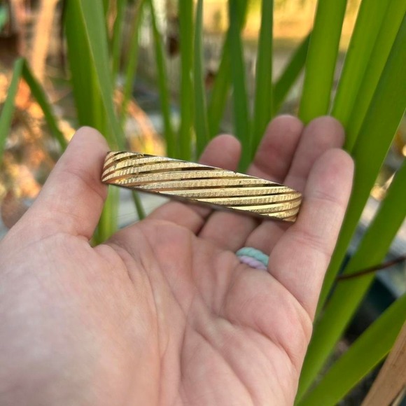 Jewelry - Monet Gold Tone Heavy Weight Slip On Etched Slanted Design Bangle Bracelet Vtg